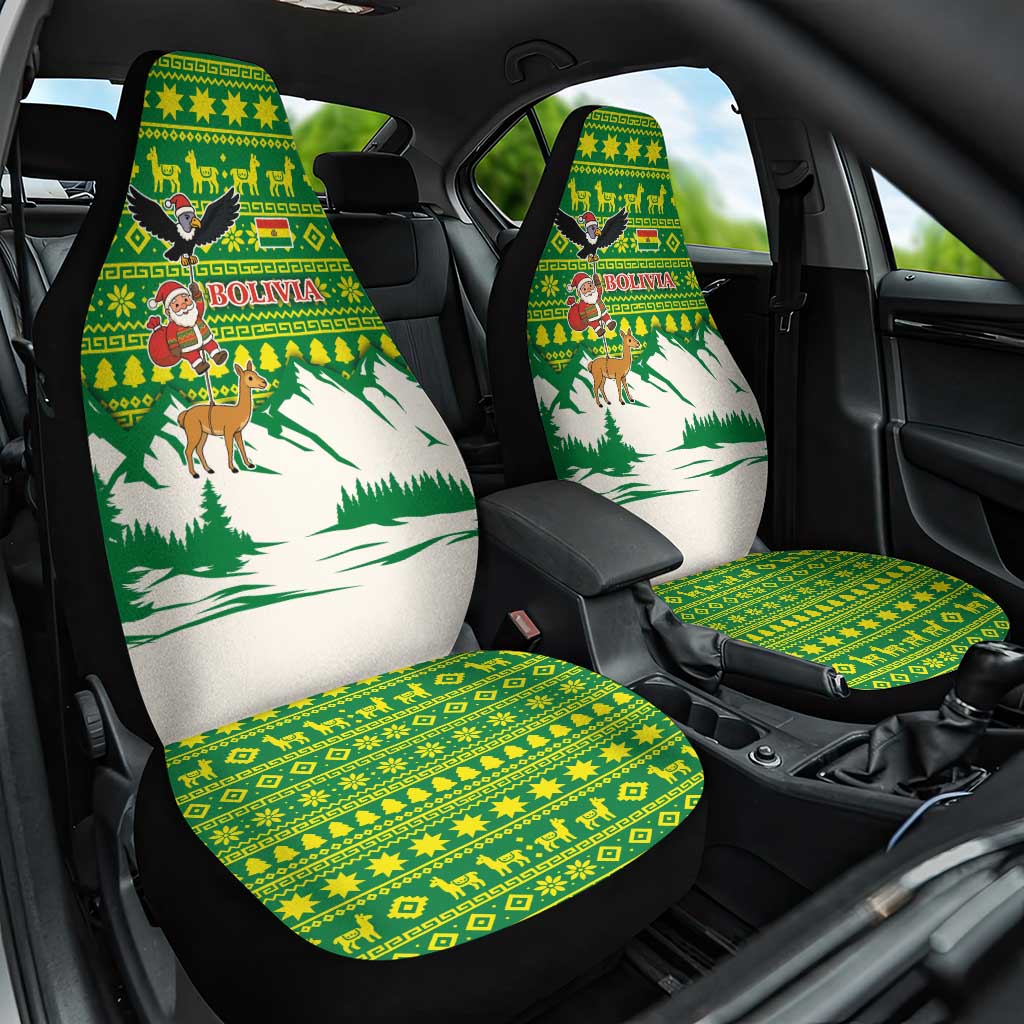 Bolivia Christmas Car Seat Cover with Santa Claus Andean Deer Condor and Traditional Pattern Design - Wonder Print Shop