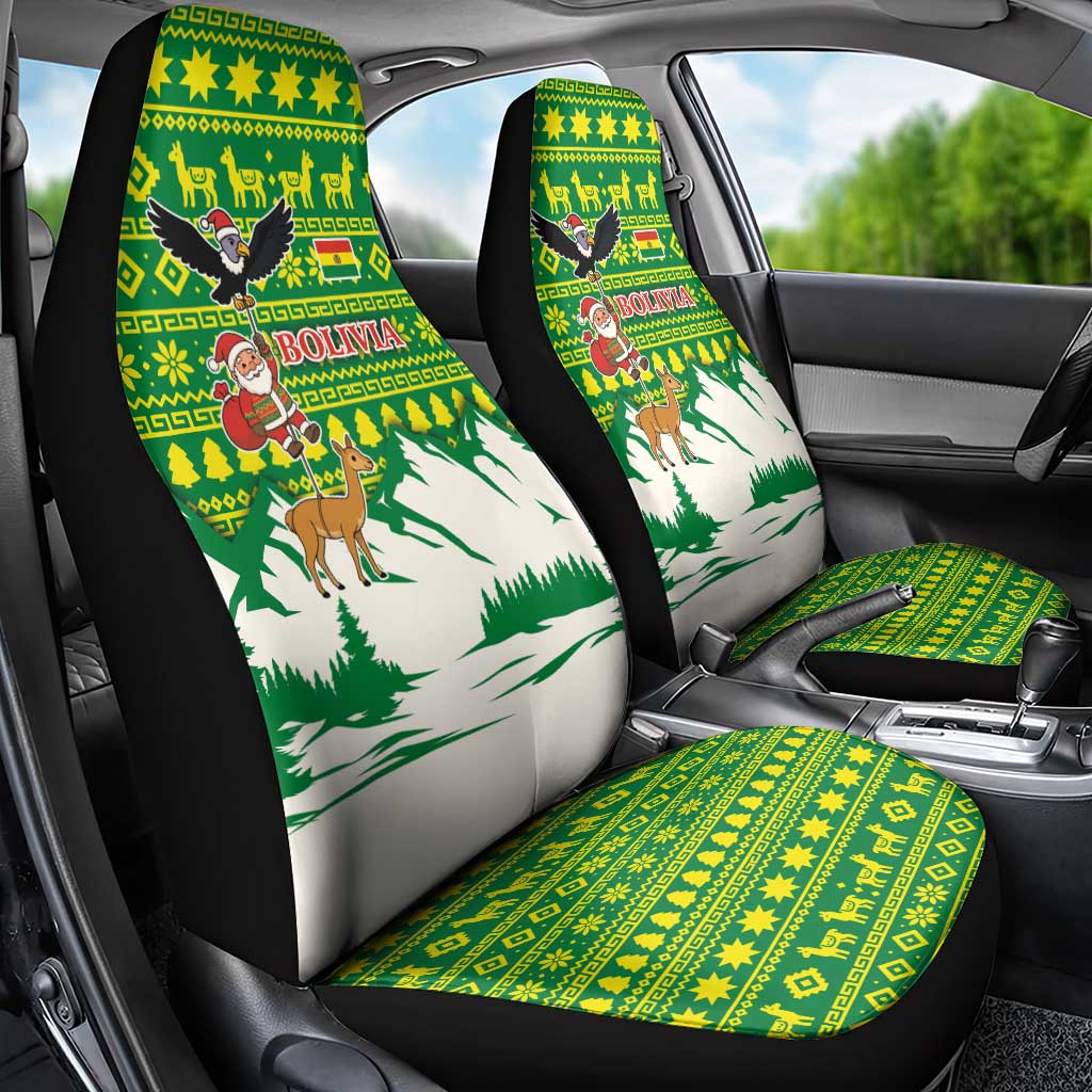 Bolivia Christmas Car Seat Cover with Santa Claus Andean Deer Condor and Traditional Pattern Design - Wonder Print Shop