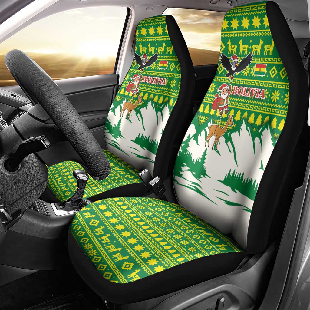 Bolivia Christmas Car Seat Cover with Santa Claus Andean Deer Condor and Traditional Pattern Design - Wonder Print Shop