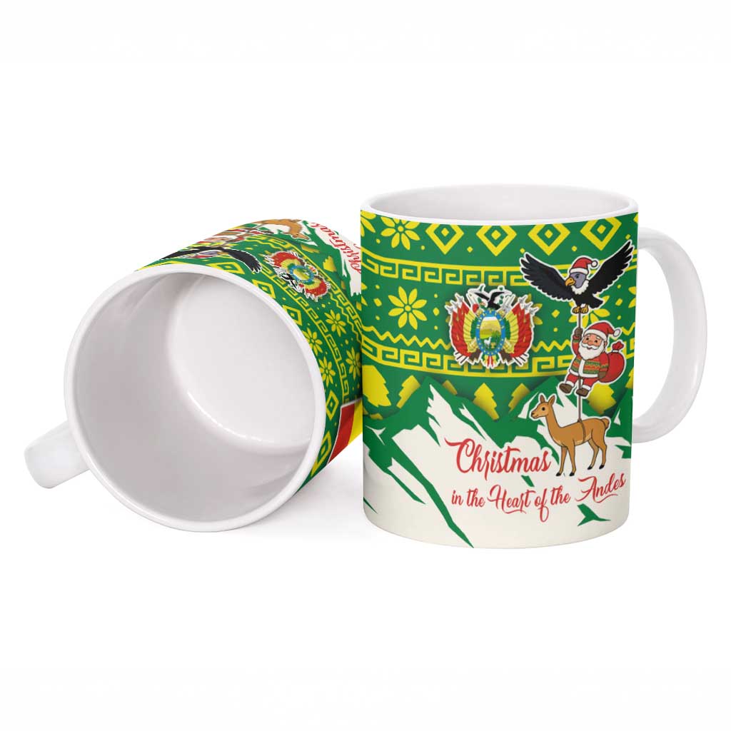 Bolivia Christmas Ceramic Mug with Santa Claus Andean Deer Condor and Traditional Pattern Design - Wonder Print Shop
