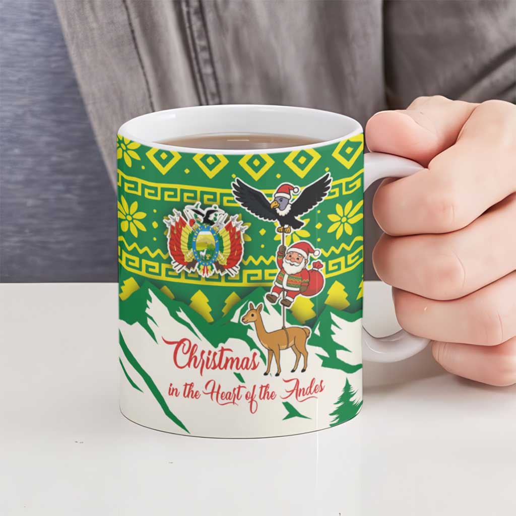 Bolivia Christmas Ceramic Mug with Santa Claus Andean Deer Condor and Traditional Pattern Design - Wonder Print Shop