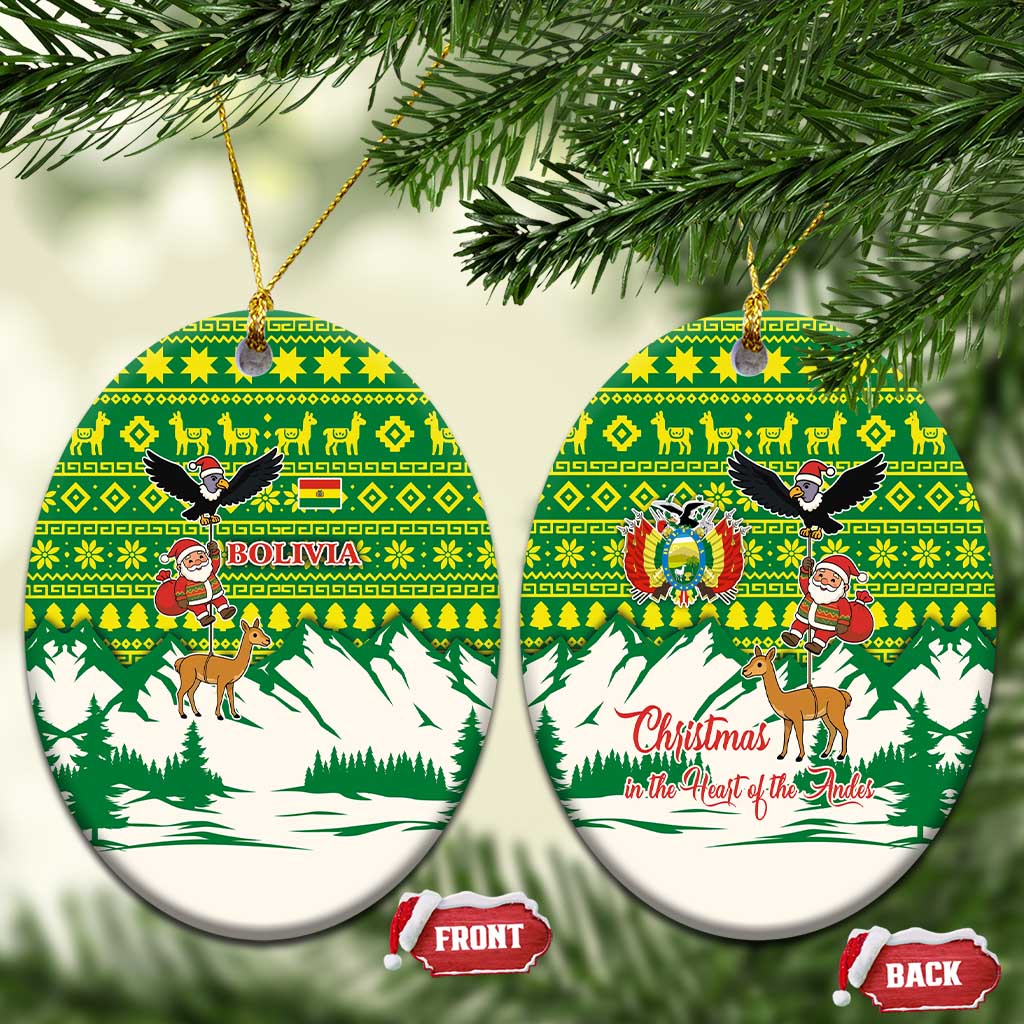 Bolivia Christmas Ceramic Ornament with Santa Claus Andean Deer Condor and Traditional Pattern Design - Wonder Print Shop