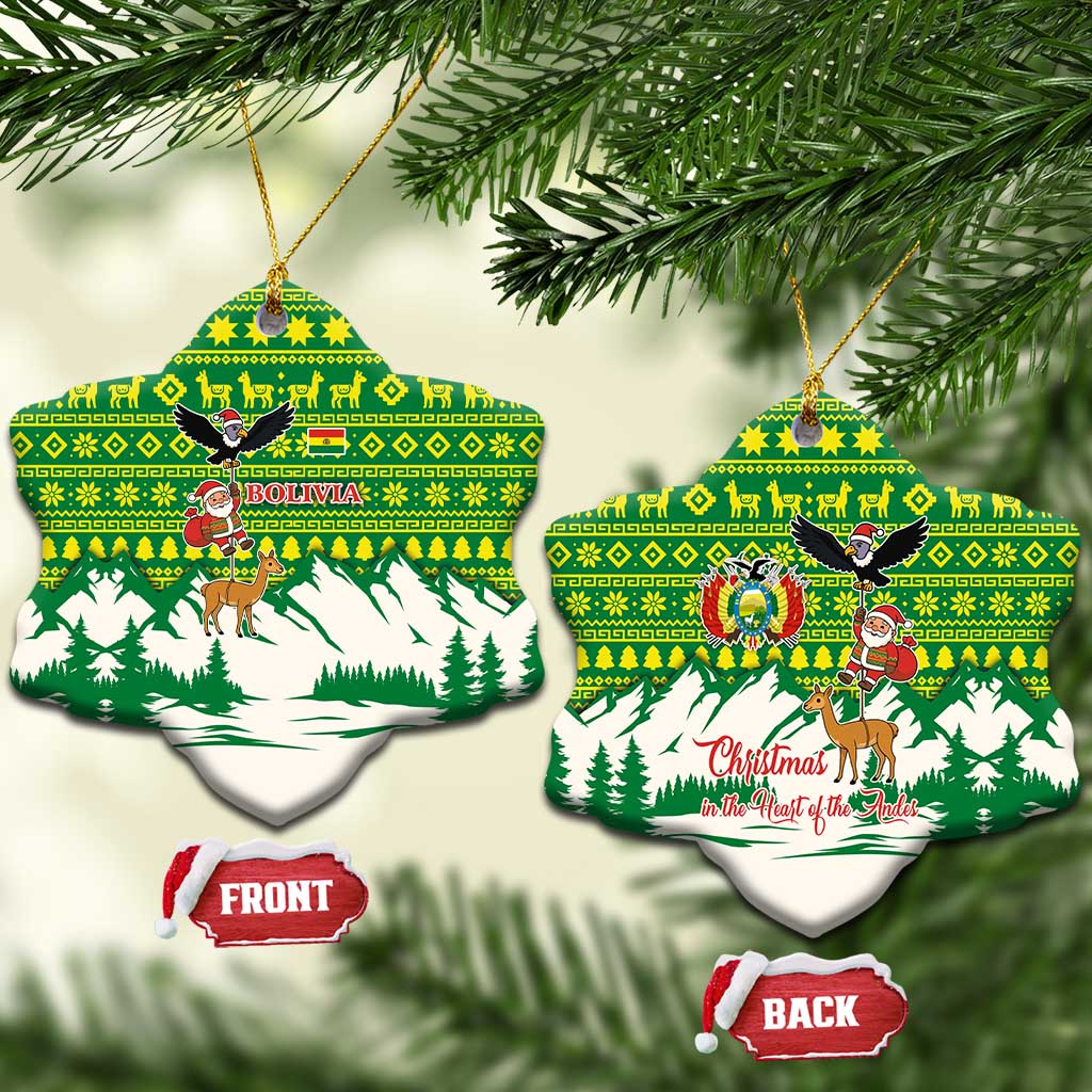 Bolivia Christmas Ceramic Ornament with Santa Claus Andean Deer Condor and Traditional Pattern Design - Wonder Print Shop