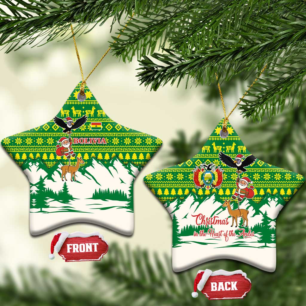 Bolivia Christmas Ceramic Ornament with Santa Claus Andean Deer Condor and Traditional Pattern Design - Wonder Print Shop