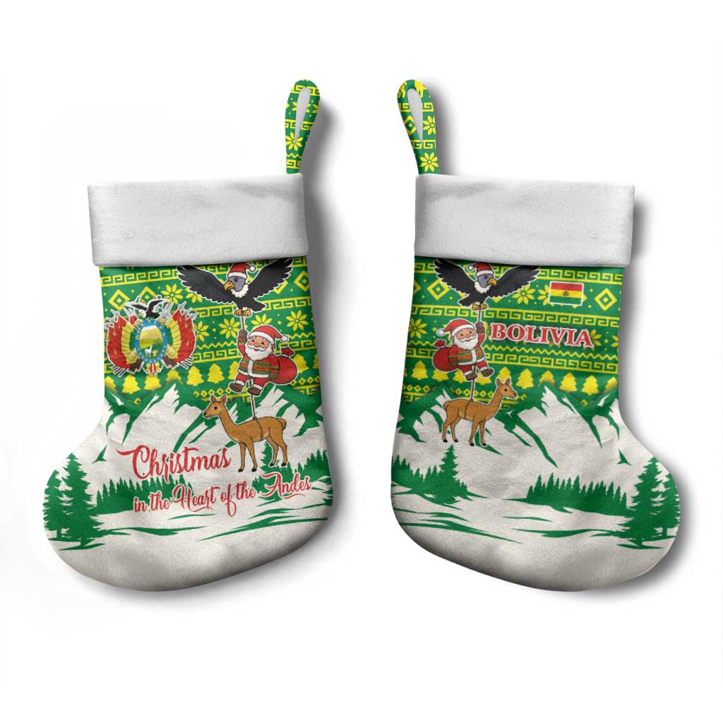Bolivia Christmas Stocking with Santa Claus Andean Deer Condor and Traditional Pattern Design - Wonder Print Shop