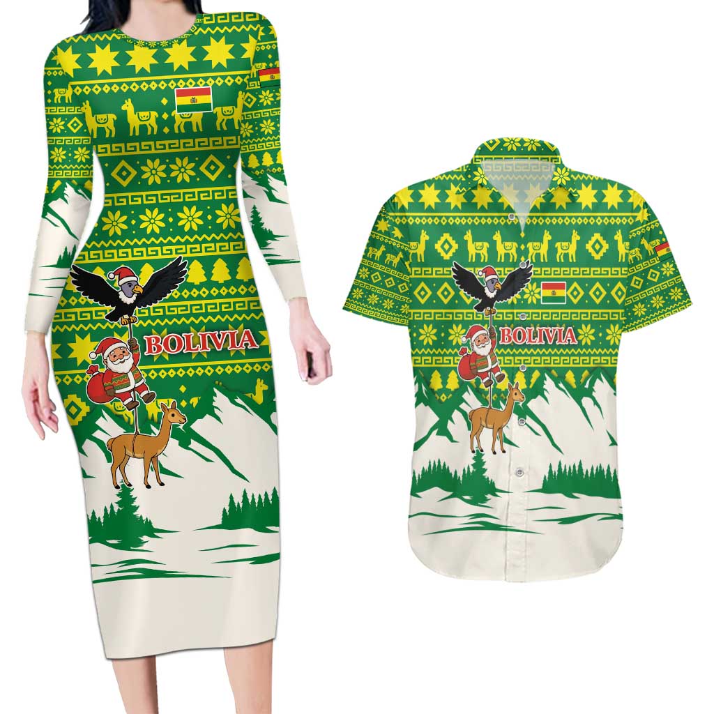 Bolivia Christmas Couples Matching Long Sleeve Bodycon Dress and Hawaiian Shirt with Santa Claus Andean Deer Condor and Traditional Pattern Design - Wonder Print Shop