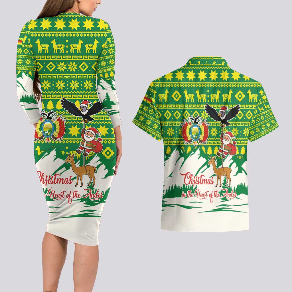 Bolivia Christmas Couples Matching Long Sleeve Bodycon Dress and Hawaiian Shirt with Santa Claus Andean Deer Condor and Traditional Pattern Design - Wonder Print Shop