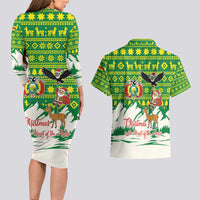 Bolivia Christmas Couples Matching Long Sleeve Bodycon Dress and Hawaiian Shirt with Santa Claus Andean Deer Condor and Traditional Pattern Design - Wonder Print Shop