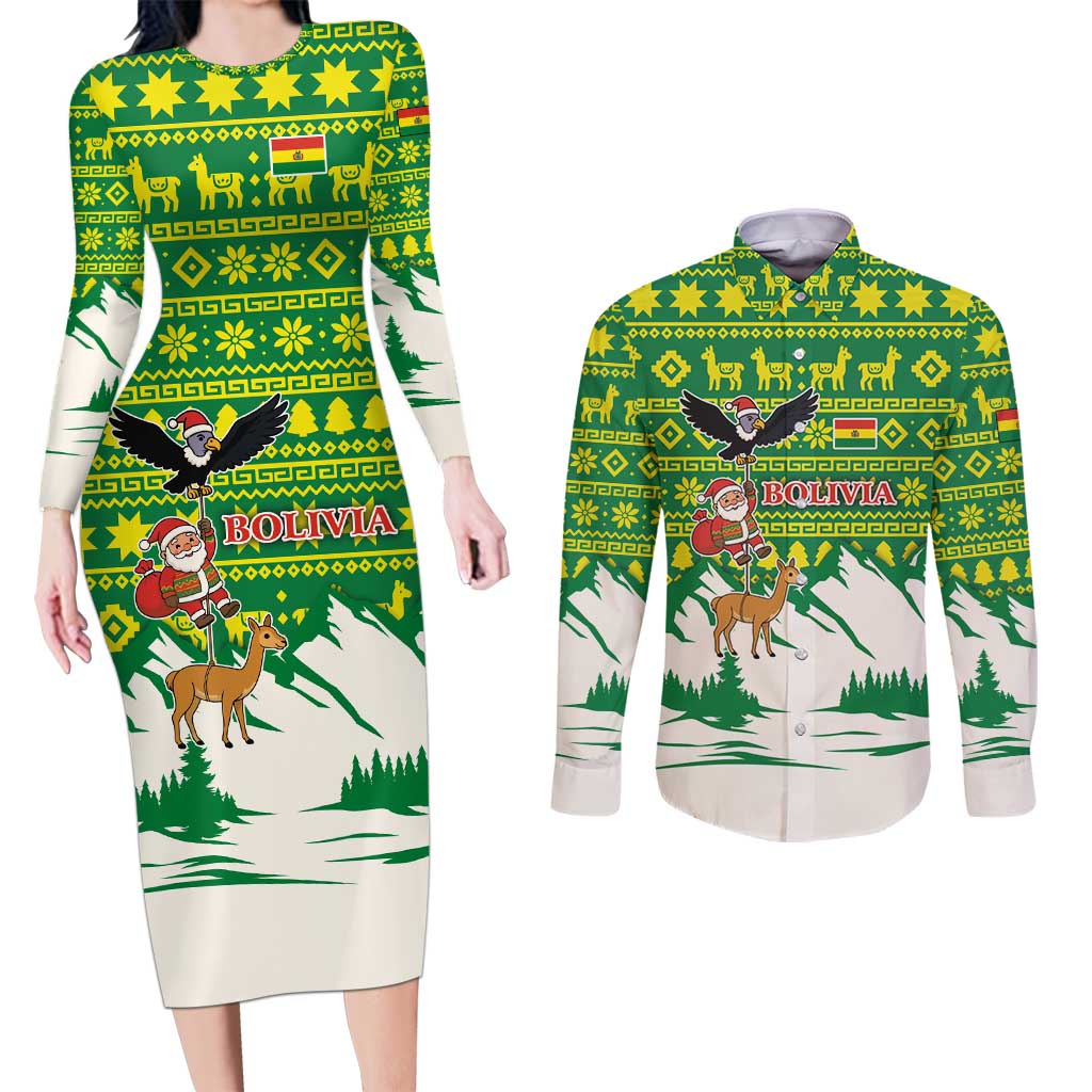 Bolivia Christmas Couples Matching Long Sleeve Bodycon Dress and Long Sleeve Button Shirt with Santa Claus Andean Deer Condor and Traditional Pattern Design - Wonder Print Shop