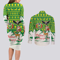 Bolivia Christmas Couples Matching Long Sleeve Bodycon Dress and Long Sleeve Button Shirt with Santa Claus Andean Deer Condor and Traditional Pattern Design - Wonder Print Shop