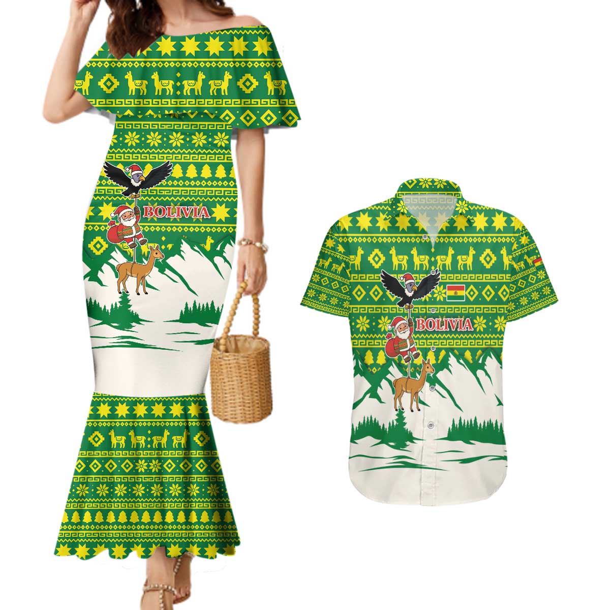 Bolivia Christmas Couples Matching Mermaid Dress and Hawaiian Shirt with Santa Claus Andean Deer Condor and Traditional Pattern Design - Wonder Print Shop