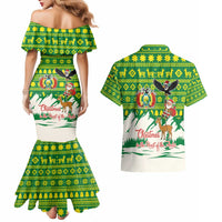 Bolivia Christmas Couples Matching Mermaid Dress and Hawaiian Shirt with Santa Claus Andean Deer Condor and Traditional Pattern Design - Wonder Print Shop