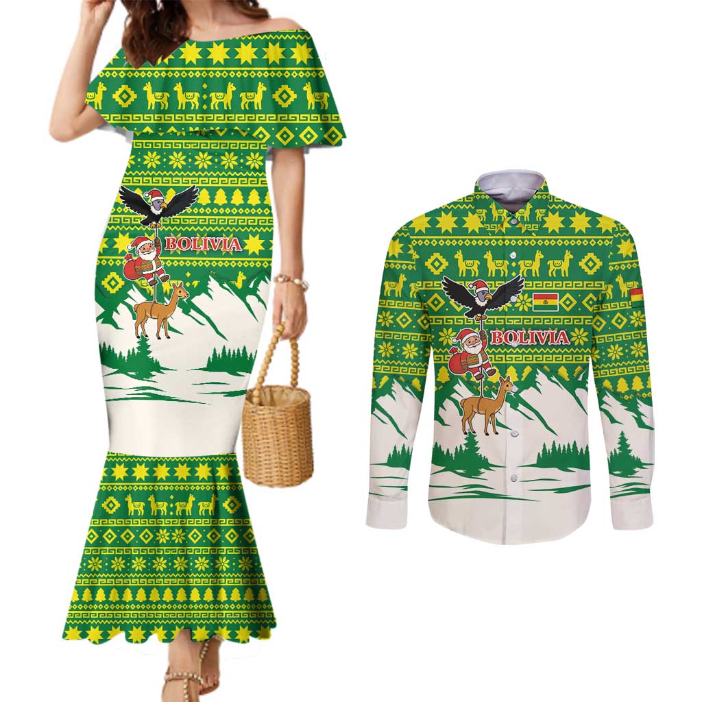 Bolivia Christmas Couples Matching Mermaid Dress and Long Sleeve Button Shirt with Santa Claus Andean Deer Condor and Traditional Pattern Design - Wonder Print Shop