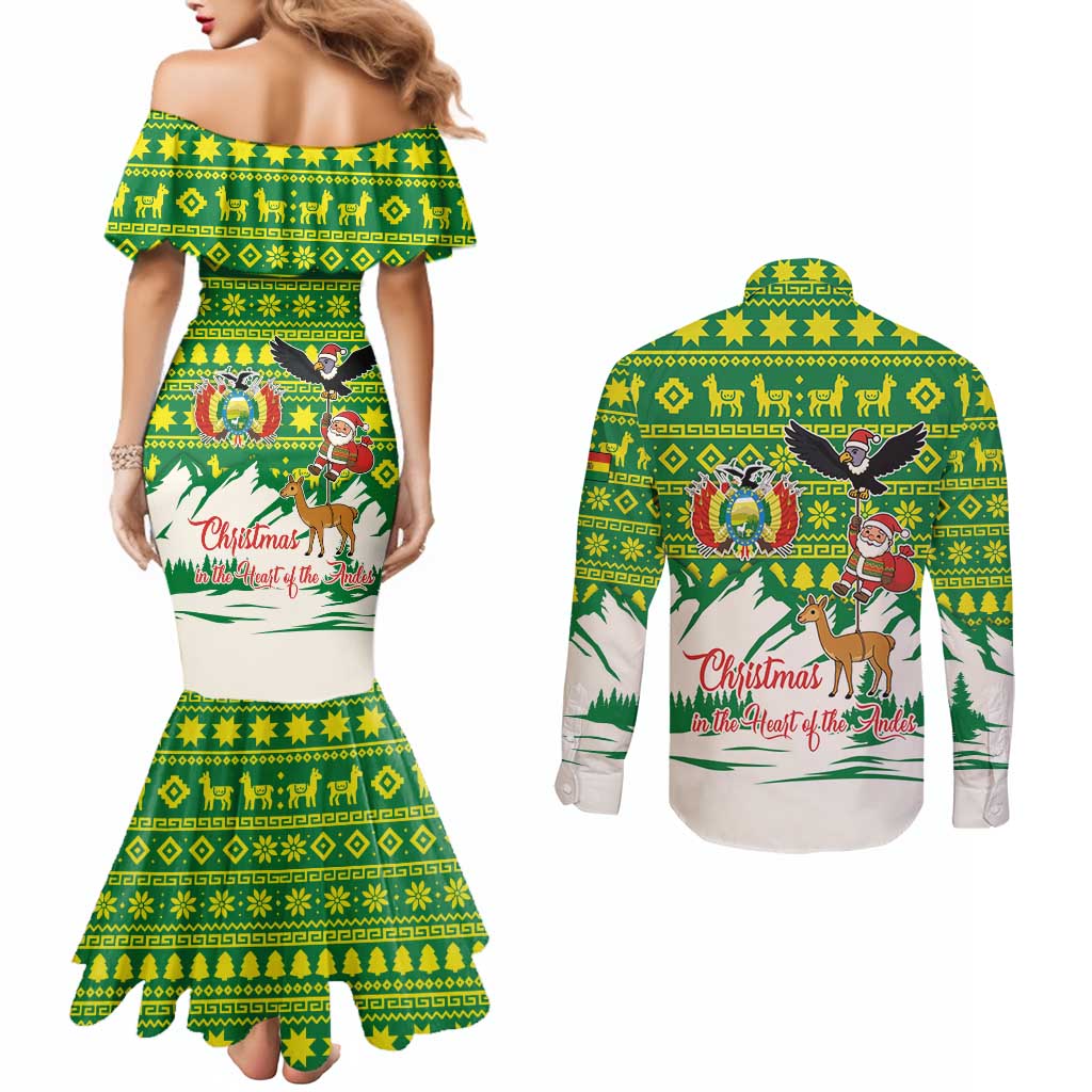 Bolivia Christmas Couples Matching Mermaid Dress and Long Sleeve Button Shirt with Santa Claus Andean Deer Condor and Traditional Pattern Design - Wonder Print Shop