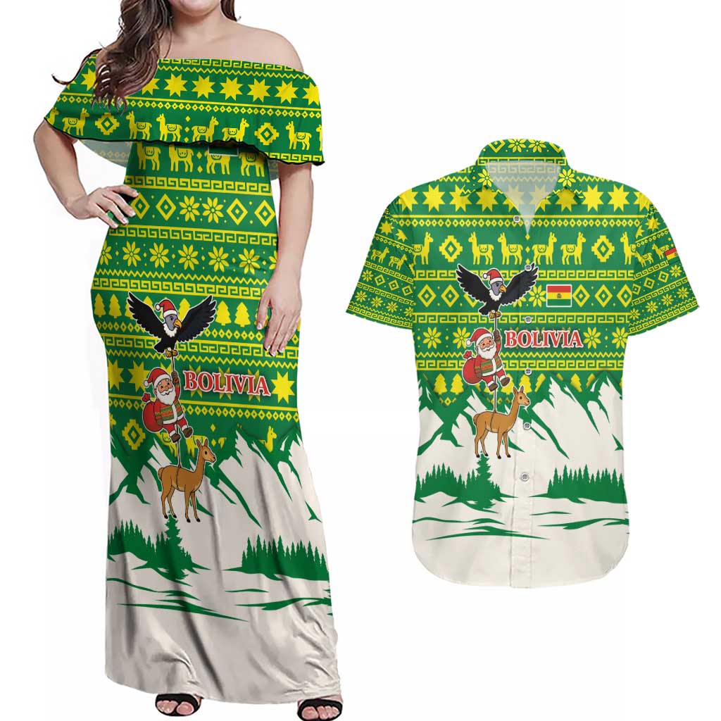 Bolivia Christmas Couples Matching Off Shoulder Maxi Dress and Hawaiian Shirt with Santa Claus Andean Deer Condor and Traditional Pattern Design - Wonder Print Shop