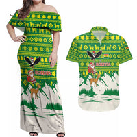 Bolivia Christmas Couples Matching Off Shoulder Maxi Dress and Hawaiian Shirt with Santa Claus Andean Deer Condor and Traditional Pattern Design - Wonder Print Shop