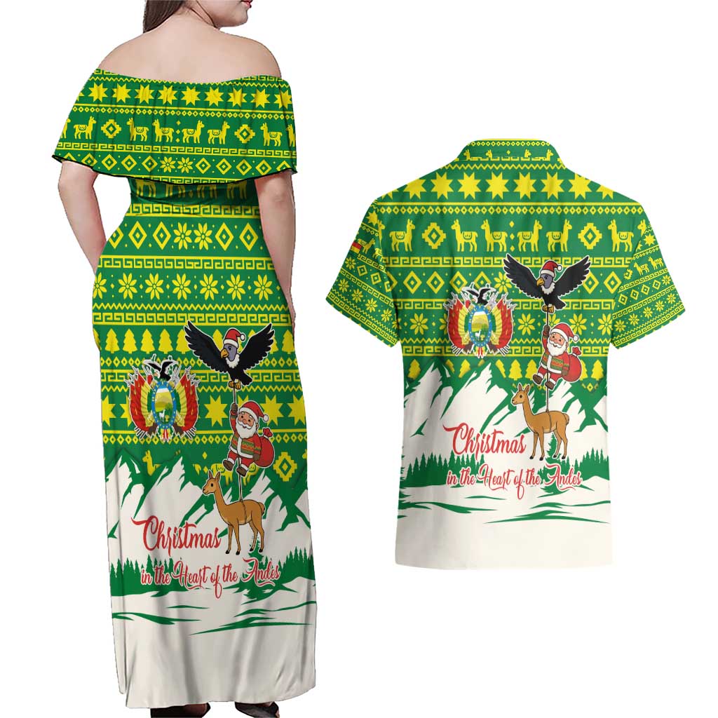 Bolivia Christmas Couples Matching Off Shoulder Maxi Dress and Hawaiian Shirt with Santa Claus Andean Deer Condor and Traditional Pattern Design - Wonder Print Shop