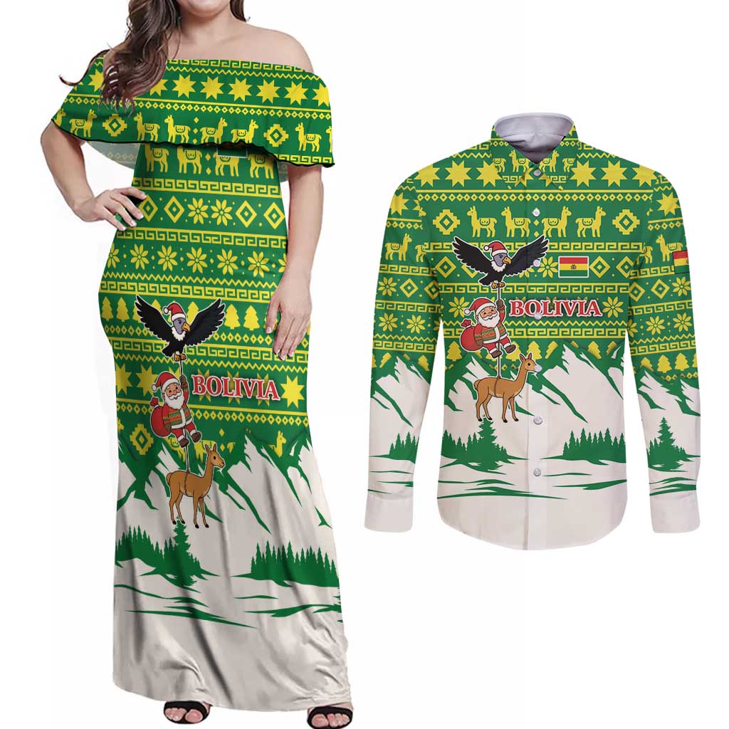 Bolivia Christmas Couples Matching Off Shoulder Maxi Dress and Long Sleeve Button Shirt with Santa Claus Andean Deer Condor and Traditional Pattern Design - Wonder Print Shop