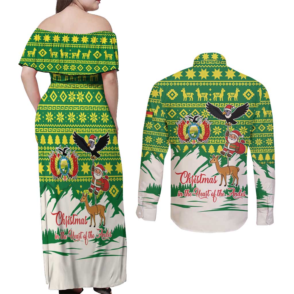 Bolivia Christmas Couples Matching Off Shoulder Maxi Dress and Long Sleeve Button Shirt with Santa Claus Andean Deer Condor and Traditional Pattern Design - Wonder Print Shop