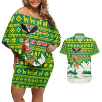 Bolivia Christmas Couples Matching Off Shoulder Short Dress and Hawaiian Shirt with Santa Claus Andean Deer Condor and Traditional Pattern Design - Wonder Print Shop