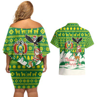Bolivia Christmas Couples Matching Off Shoulder Short Dress and Hawaiian Shirt with Santa Claus Andean Deer Condor and Traditional Pattern Design - Wonder Print Shop