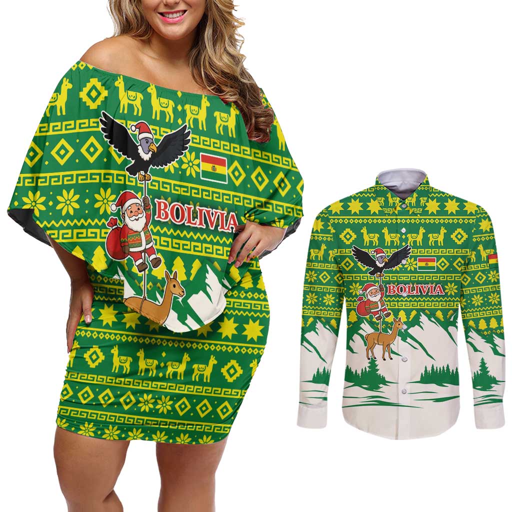 Bolivia Christmas Couples Matching Off Shoulder Short Dress and Long Sleeve Button Shirt with Santa Claus Andean Deer Condor and Traditional Pattern Design - Wonder Print Shop