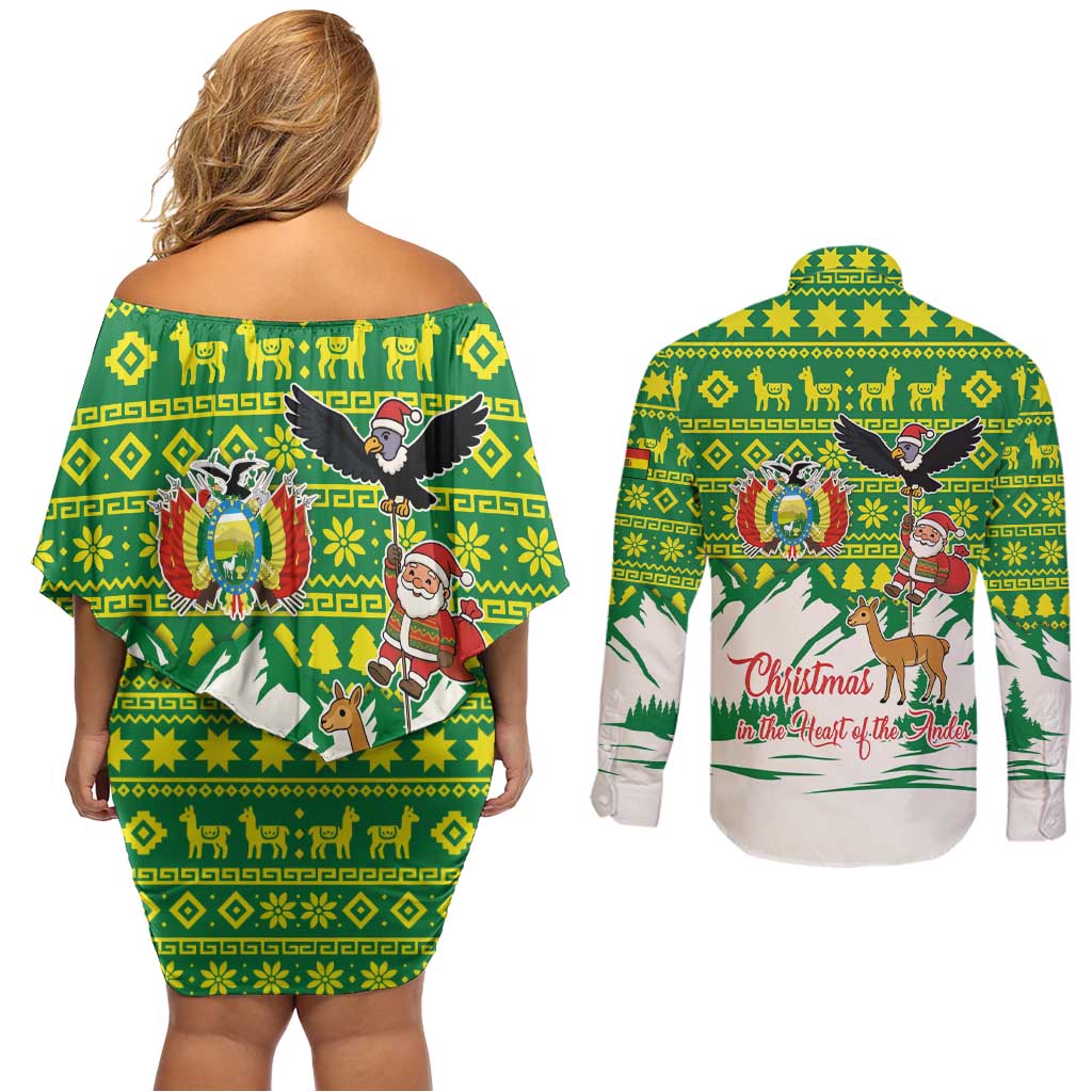 Bolivia Christmas Couples Matching Off Shoulder Short Dress and Long Sleeve Button Shirt with Santa Claus Andean Deer Condor and Traditional Pattern Design - Wonder Print Shop