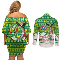 Bolivia Christmas Couples Matching Off Shoulder Short Dress and Long Sleeve Button Shirt with Santa Claus Andean Deer Condor and Traditional Pattern Design - Wonder Print Shop