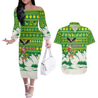 Bolivia Christmas Couples Matching Off The Shoulder Long Sleeve Dress and Hawaiian Shirt with Santa Claus Andean Deer Condor and Traditional Pattern Design - Wonder Print Shop