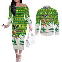 Bolivia Christmas Couples Matching Off The Shoulder Long Sleeve Dress and Long Sleeve Button Shirt with Santa Claus Andean Deer Condor and Traditional Pattern Design - Wonder Print Shop
