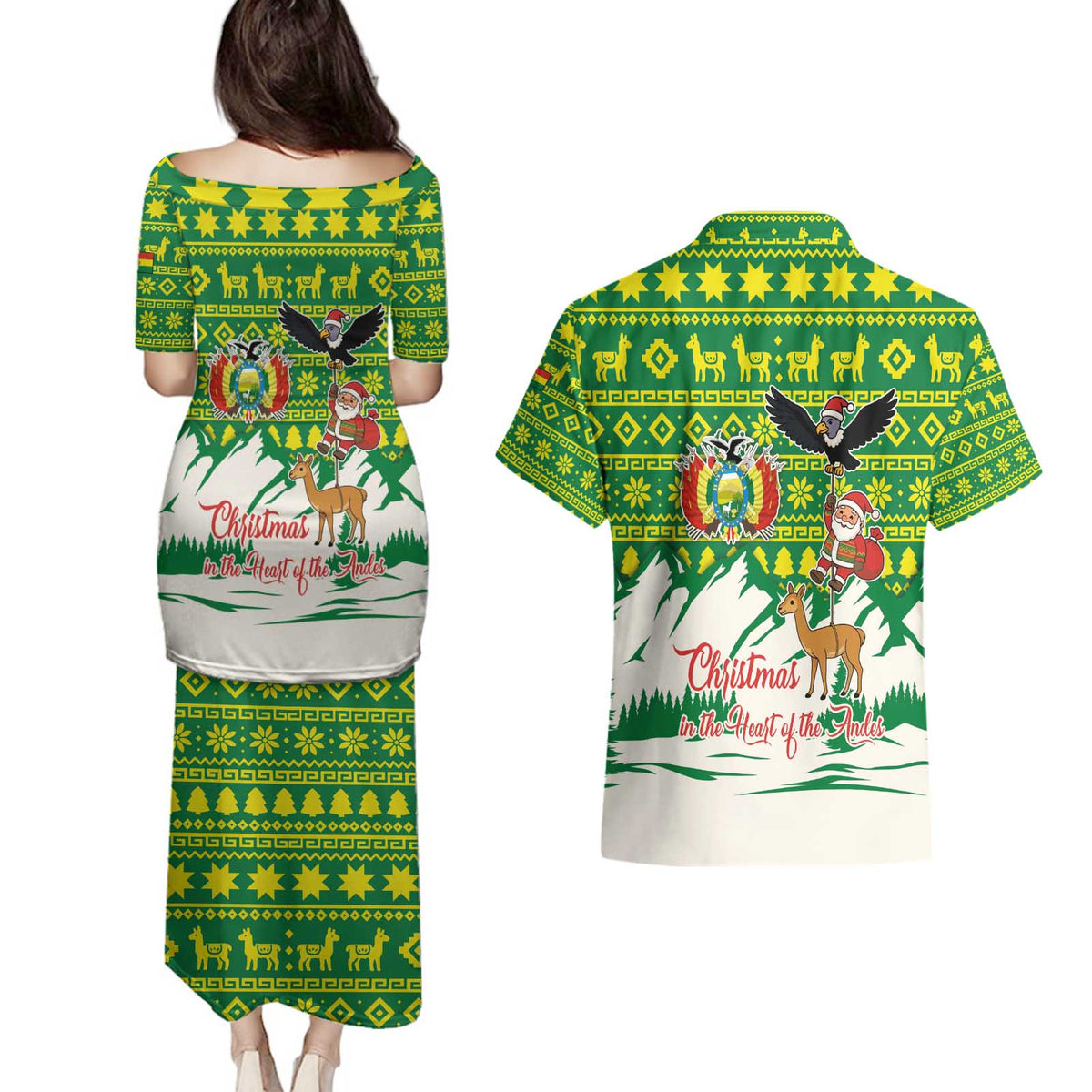 Bolivia Christmas Couples Matching Puletasi and Hawaiian Shirt with Santa Claus Andean Deer Condor and Traditional Pattern Design - Wonder Print Shop