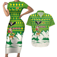 Bolivia Christmas Couples Matching Short Sleeve Bodycon Dress and Hawaiian Shirt with Santa Claus Andean Deer Condor and Traditional Pattern Design - Wonder Print Shop