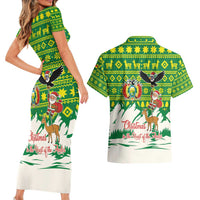 Bolivia Christmas Couples Matching Short Sleeve Bodycon Dress and Hawaiian Shirt with Santa Claus Andean Deer Condor and Traditional Pattern Design - Wonder Print Shop