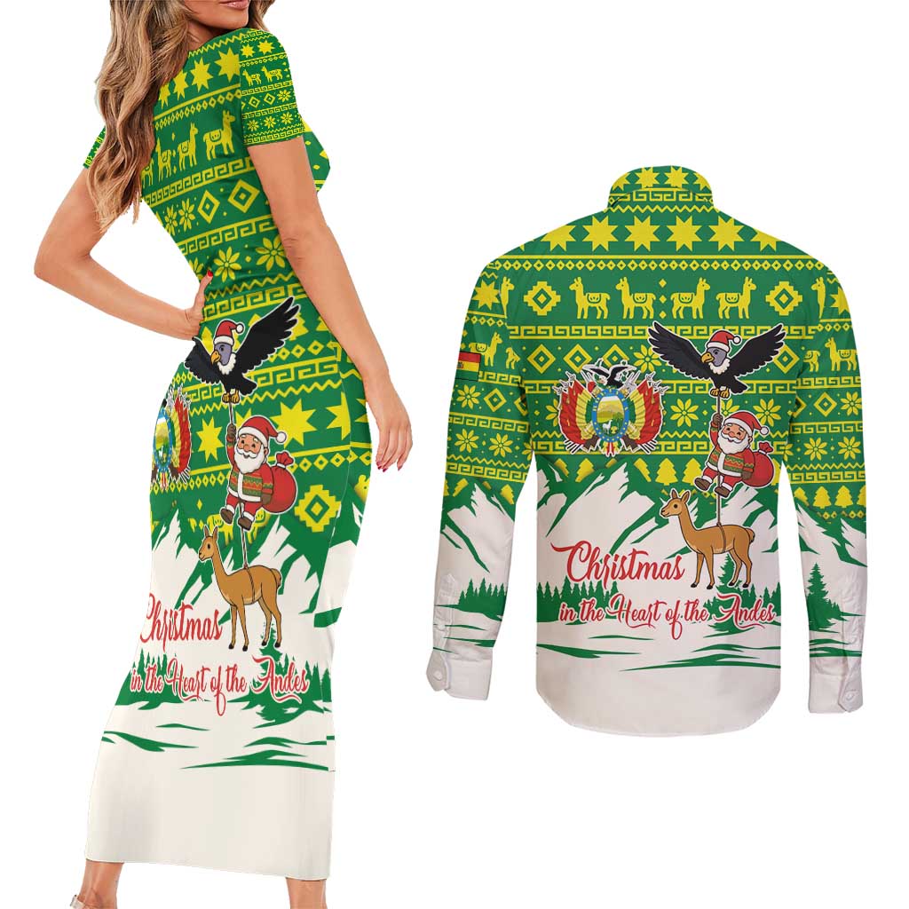 Bolivia Christmas Couples Matching Short Sleeve Bodycon Dress and Long Sleeve Button Shirt with Santa Claus Andean Deer Condor and Traditional Pattern Design - Wonder Print Shop
