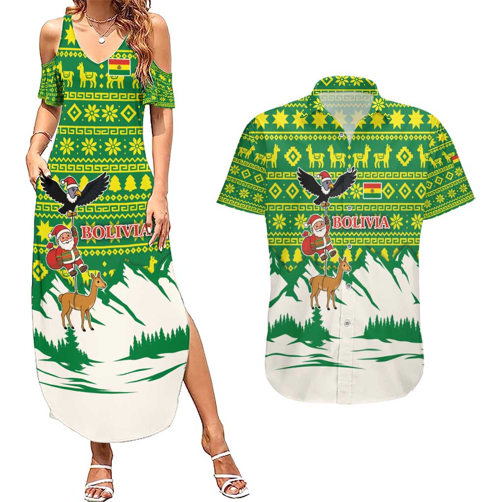 Bolivia Christmas Couples Matching Summer Maxi Dress and Hawaiian Shirt with Santa Claus Andean Deer Condor and Traditional Pattern Design - Wonder Print Shop