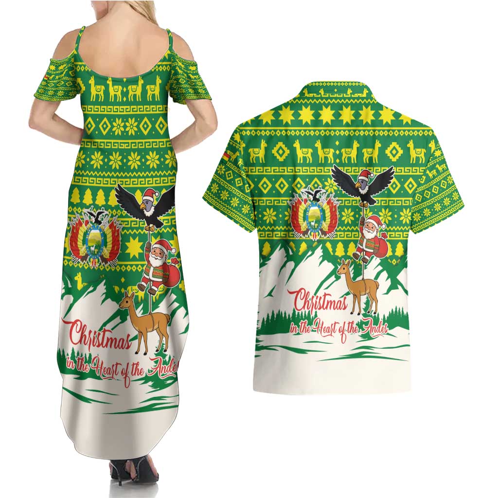 Bolivia Christmas Couples Matching Summer Maxi Dress and Hawaiian Shirt with Santa Claus Andean Deer Condor and Traditional Pattern Design - Wonder Print Shop
