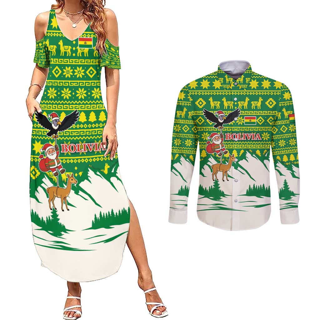 Bolivia Christmas Couples Matching Summer Maxi Dress and Long Sleeve Button Shirt with Santa Claus Andean Deer Condor and Traditional Pattern Design - Wonder Print Shop