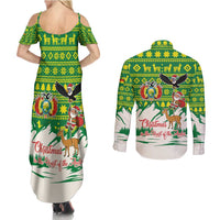 Bolivia Christmas Couples Matching Summer Maxi Dress and Long Sleeve Button Shirt with Santa Claus Andean Deer Condor and Traditional Pattern Design - Wonder Print Shop