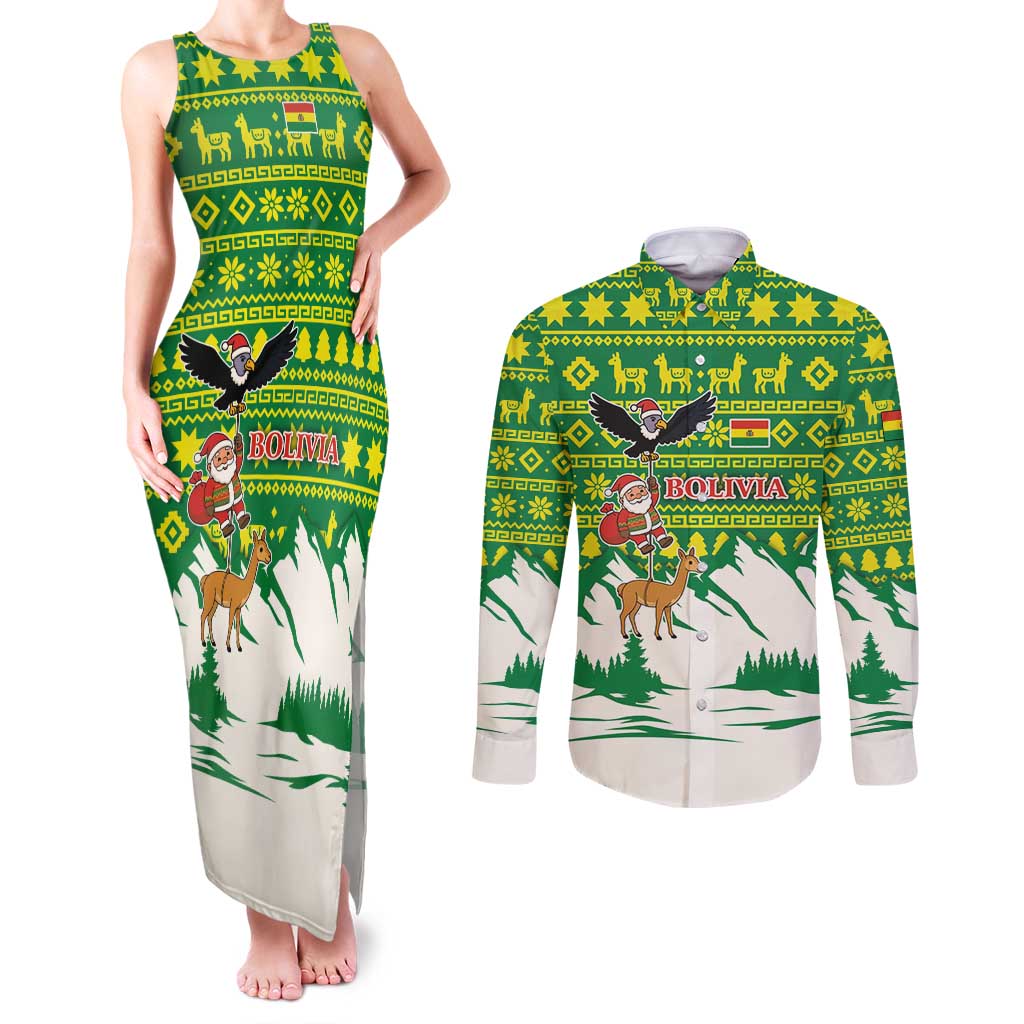 Bolivia Christmas Couples Matching Tank Maxi Dress and Long Sleeve Button Shirt with Santa Claus Andean Deer Condor and Traditional Pattern Design - Wonder Print Shop