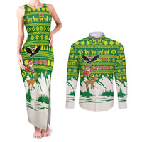 Bolivia Christmas Couples Matching Tank Maxi Dress and Long Sleeve Button Shirt with Santa Claus Andean Deer Condor and Traditional Pattern Design - Wonder Print Shop