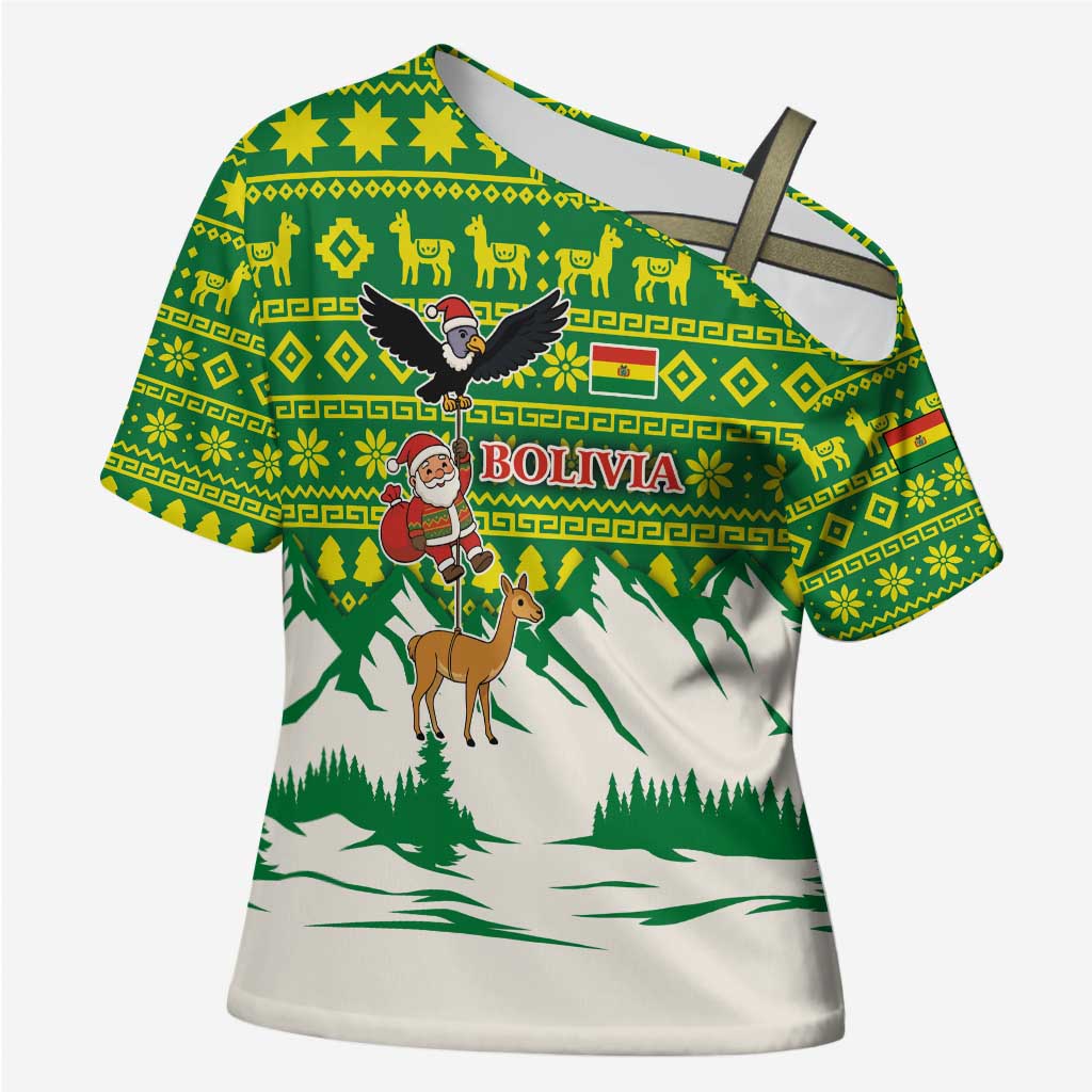 Bolivia Christmas Cross Shoulder Shirt with Santa Claus Andean Deer Condor and Traditional Pattern Design - Wonder Print Shop