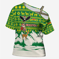 Bolivia Christmas Cross Shoulder Shirt with Santa Claus Andean Deer Condor and Traditional Pattern Design - Wonder Print Shop