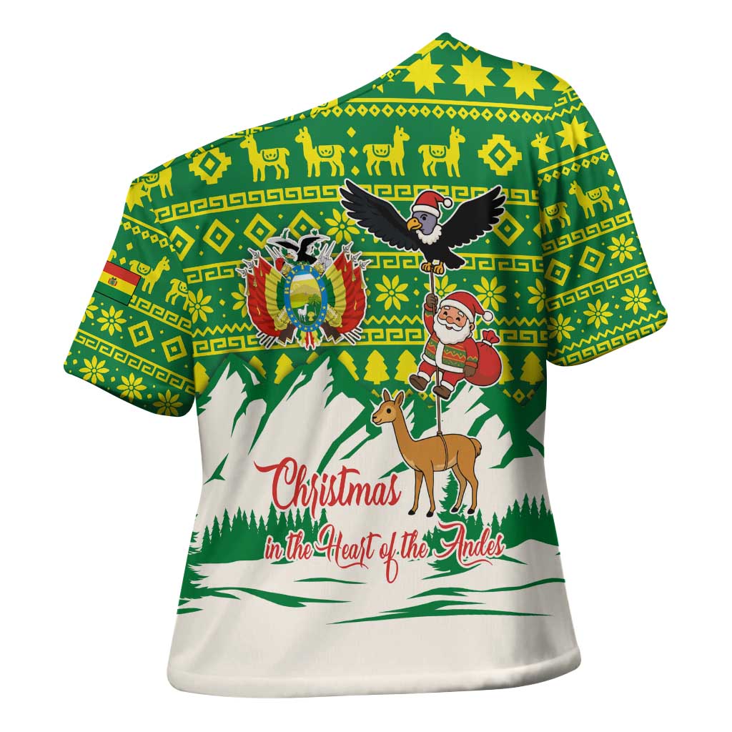 Bolivia Christmas Cross Shoulder Shirt with Santa Claus Andean Deer Condor and Traditional Pattern Design - Wonder Print Shop