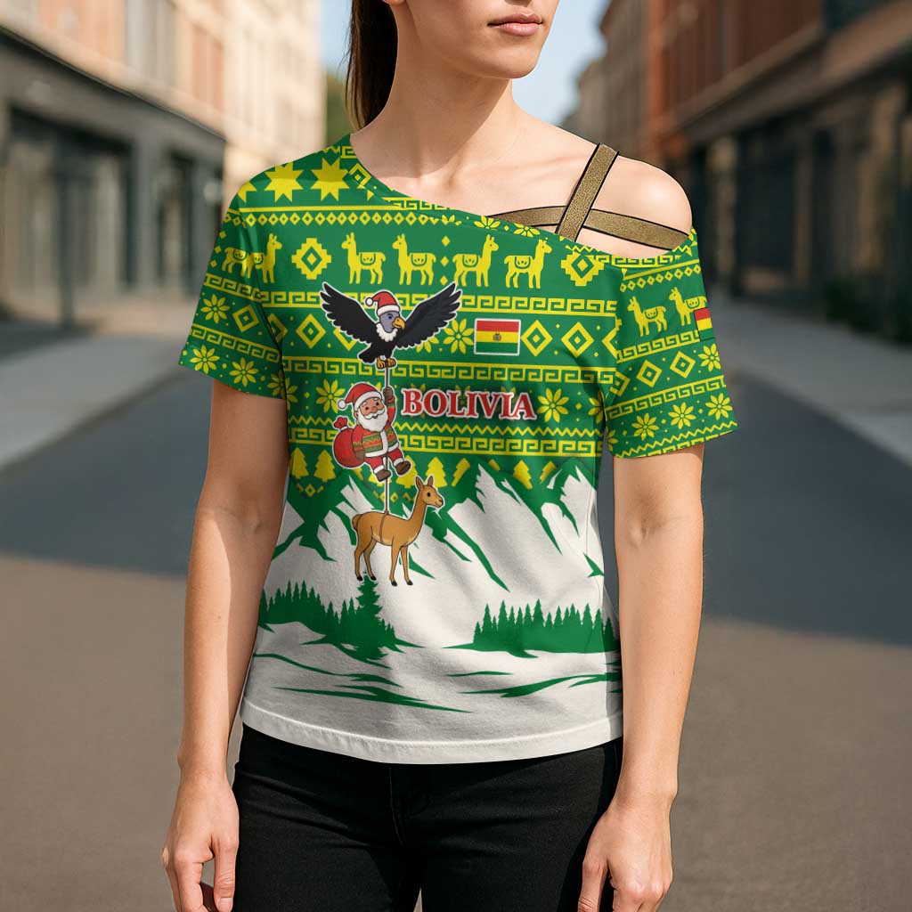 Bolivia Christmas Cross Shoulder Shirt with Santa Claus Andean Deer Condor and Traditional Pattern Design - Wonder Print Shop