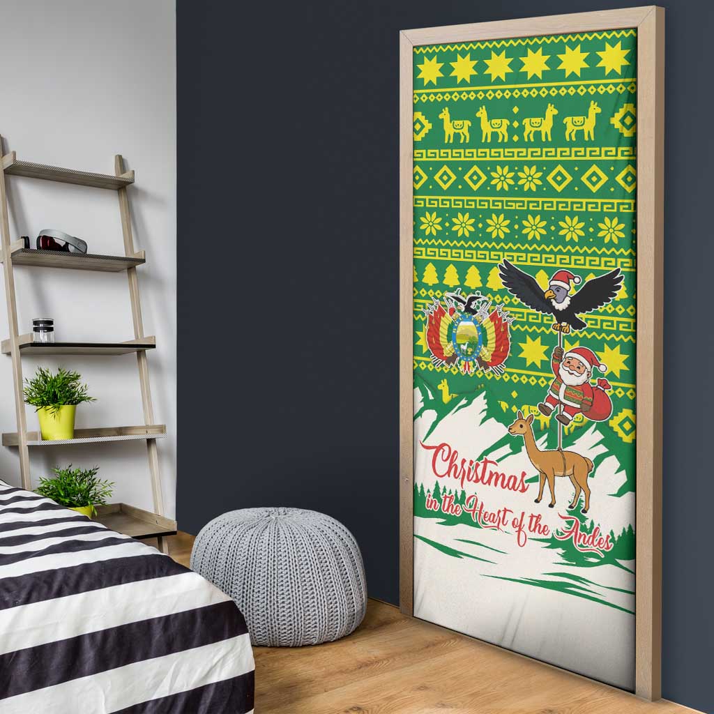 Bolivia Christmas Door Cover with Santa Claus Andean Deer Condor and Traditional Pattern Design - Wonder Print Shop
