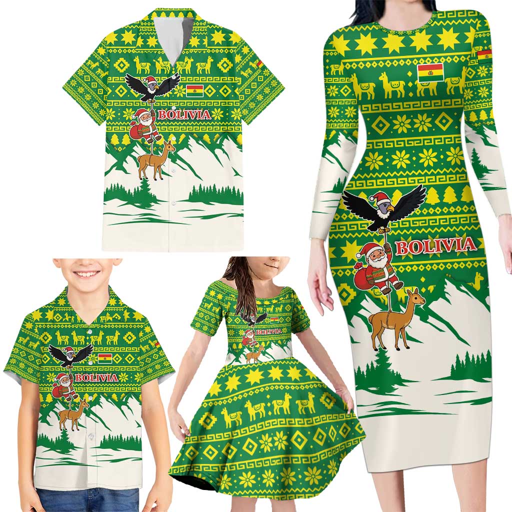 Bolivia Christmas Family Matching Long Sleeve Bodycon Dress and Hawaiian Shirt with Santa Claus Andean Deer Condor and Traditional Pattern Design - Wonder Print Shop