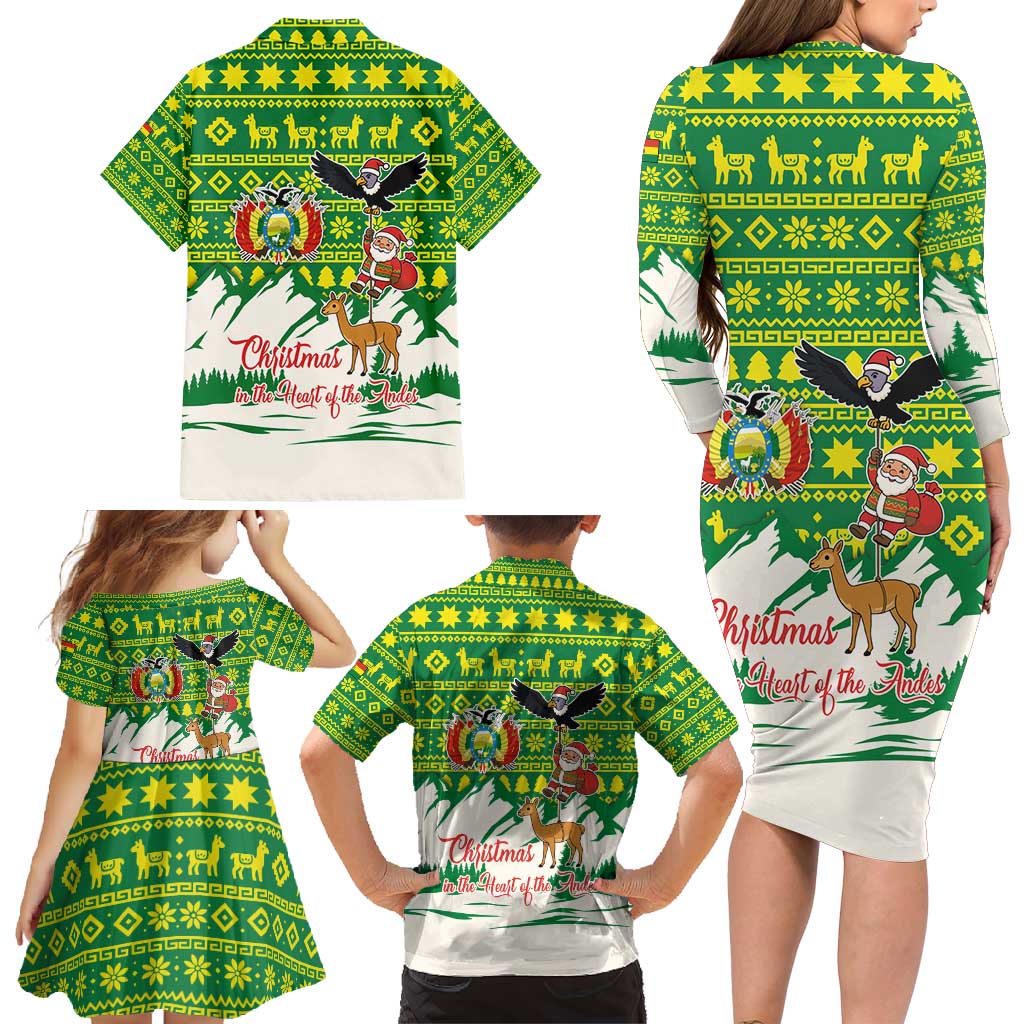Bolivia Christmas Family Matching Long Sleeve Bodycon Dress and Hawaiian Shirt with Santa Claus Andean Deer Condor and Traditional Pattern Design - Wonder Print Shop