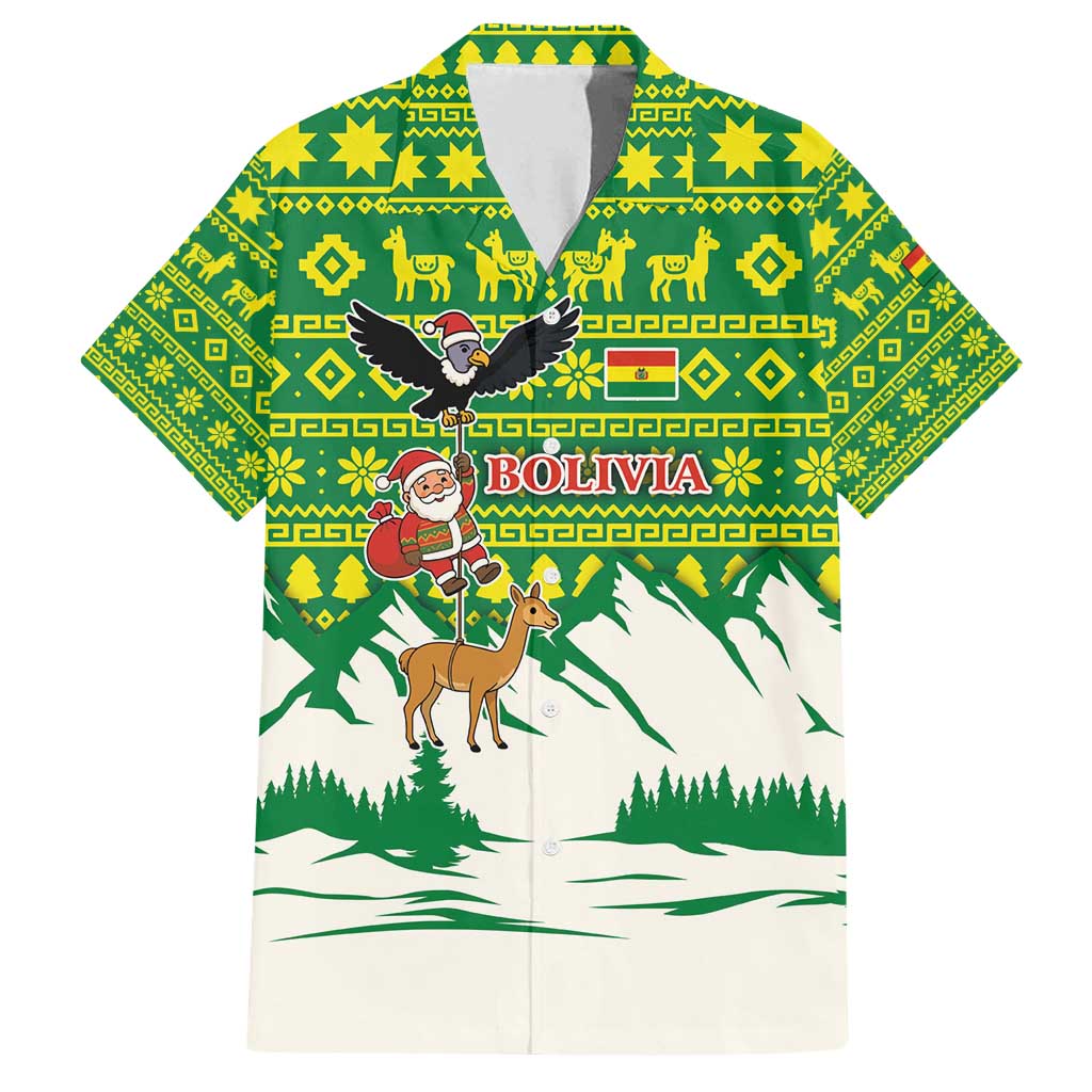 Bolivia Christmas Family Matching Long Sleeve Bodycon Dress and Hawaiian Shirt with Santa Claus Andean Deer Condor and Traditional Pattern Design - Wonder Print Shop