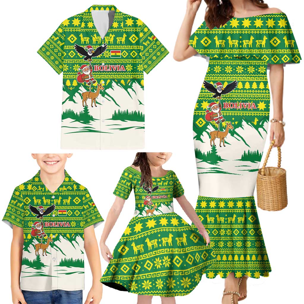 Bolivia Christmas Family Matching Mermaid Dress and Hawaiian Shirt with Santa Claus Andean Deer Condor and Traditional Pattern Design - Wonder Print Shop