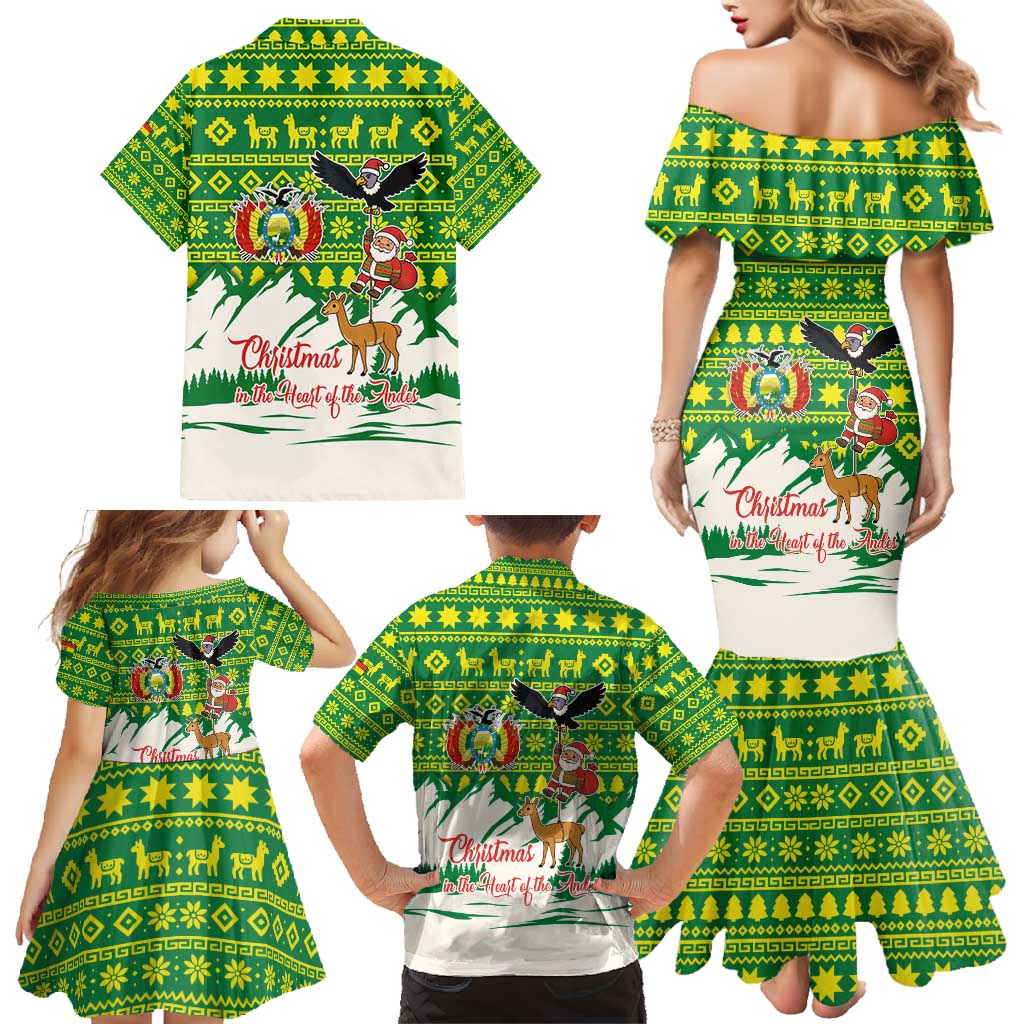 Bolivia Christmas Family Matching Mermaid Dress and Hawaiian Shirt with Santa Claus Andean Deer Condor and Traditional Pattern Design - Wonder Print Shop